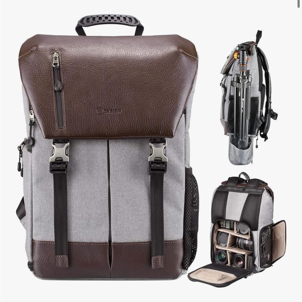 Brown and Gray Camera Bag with Adjustable Straps and Side Access